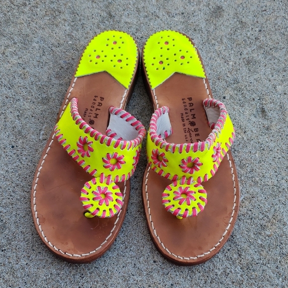 Palm Beach Sandals Shoes - Palm Beach Handmade Leather Neon Green Pink Sandals Size 8 Beachy Tropical USA